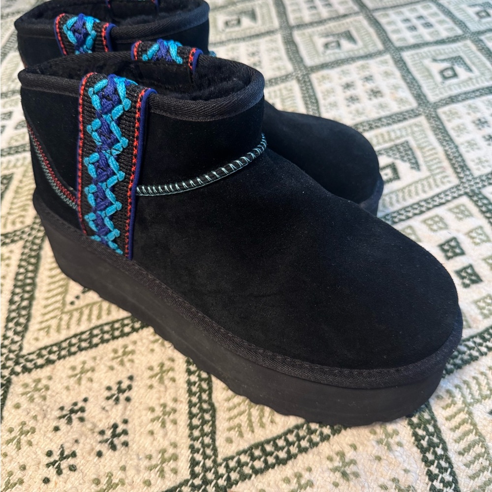UGG Black Suede Boots with Blue Details